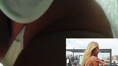 Looking up petticoat and admiring white belt